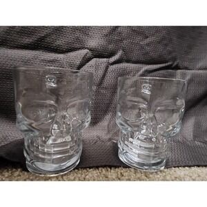 Translucent Clear Glass Skull Beer Mugs, Drinking Glasses w/ Handle, Set of 2